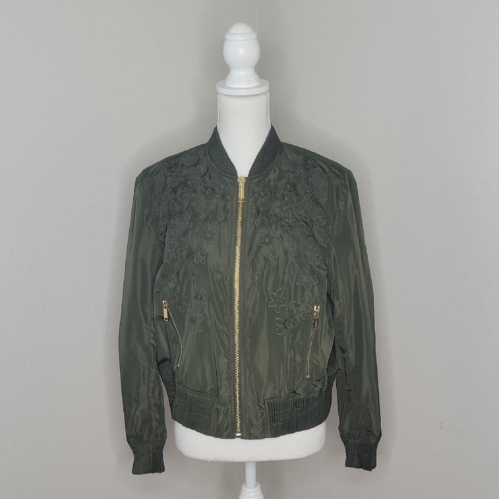 Michael Kors Olive Green Embroidered Bomber Jacket